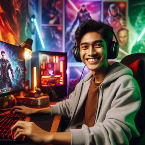 Mastering Slot Gacor: Top Strategies for Video Gamers A young Indonesian man smiles broadly celebrating his win while seated at a gaming PC surrounded by vibrant game themed decor - Mastering Slot Gacor: Top Strategies for Video Gamers