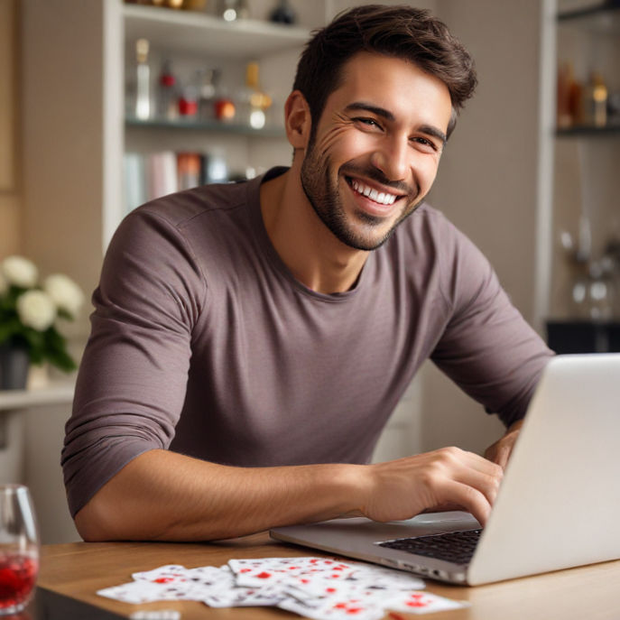 7 Compelling Reasons Why Online Baccarat is the Go-To Game for Video Game Fans A man at home smiling while using his laptop celebrating a Baccarat game win - 7 Compelling Reasons Why Online Baccarat is the Go-To Game for Video Game Fans