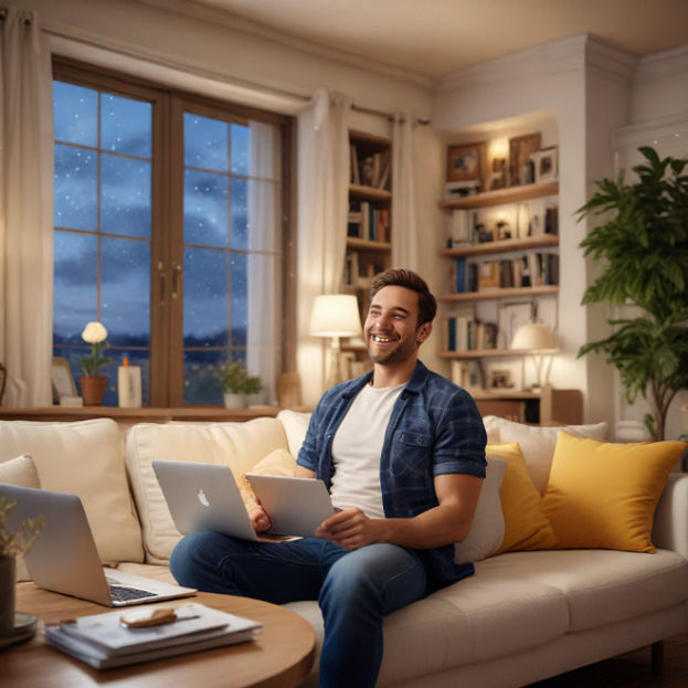 5 Reasons Why Online Lottery Sites Are Perfect for Gamers Who Love Betting A man sitting in a cozy living room using a laptop smiling joyfully as he celebrates a winning moment in an online lottery game - 5 Reasons Why Online Lottery Sites Are Perfect for Gamers Who Love Betting
