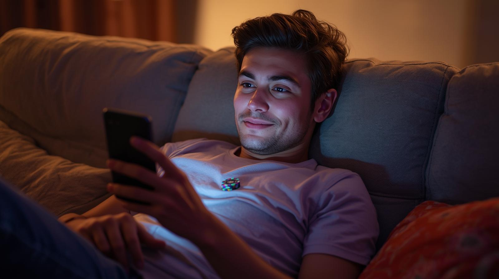 High Roller Roulette Bonuses That Really Draw In Big Spenders And What To Watch Out For Smiling gambler on sofa placing a high stakes online roulette bet on laptop - High Roller Roulette Bonuses That Really Draw In Big Spenders And What To Watch Out For