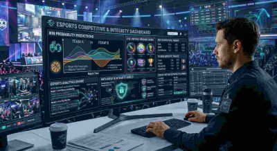 An esports arena with gaming computers, live statistics, virtual reward icons, probability graphs, digital betting interface elements, and a futuristic competitive gaming atmosphere.